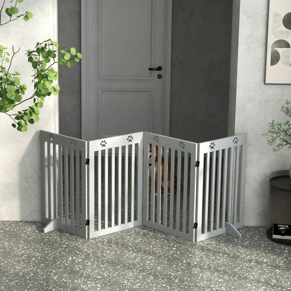 Grey foldable wooden pet gate forming a corner with paw cutout panels and slats