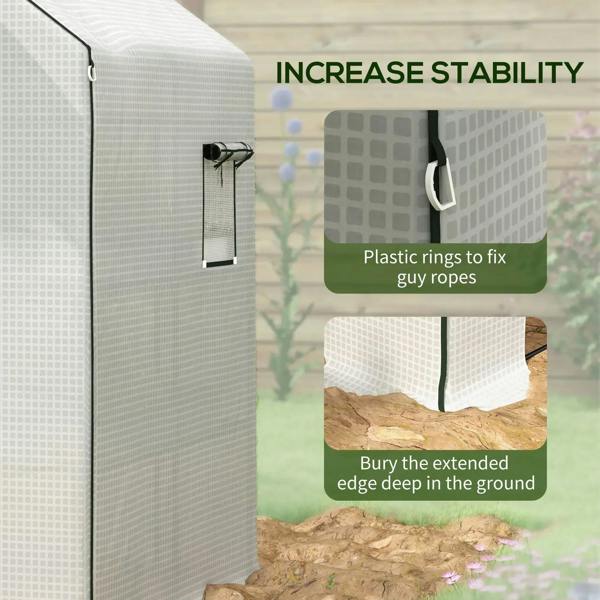 White walk-in PE greenhouse cover side with window panel, fastening strap and tie rings