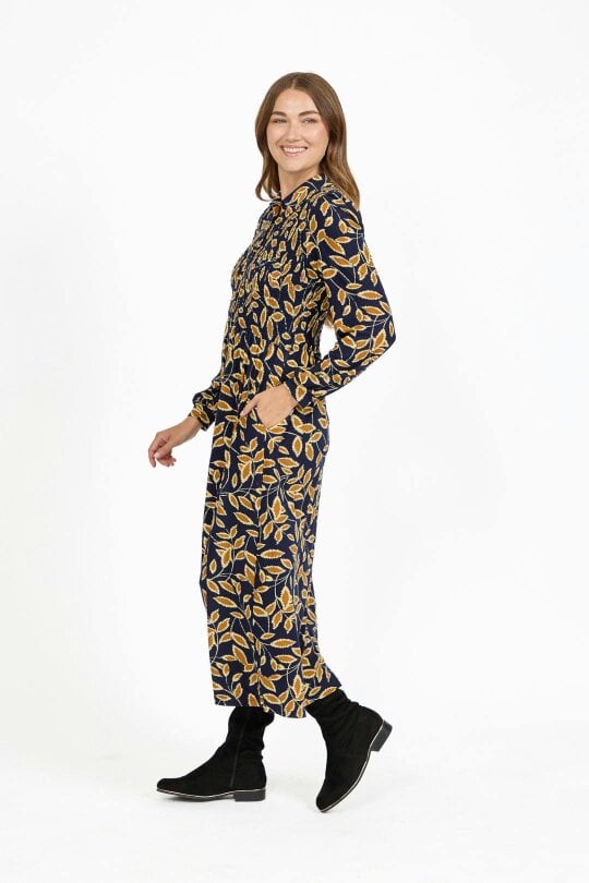 Mudflower Leaf Print Soft Touch Shirred Bodice Button-Up Midi Dress