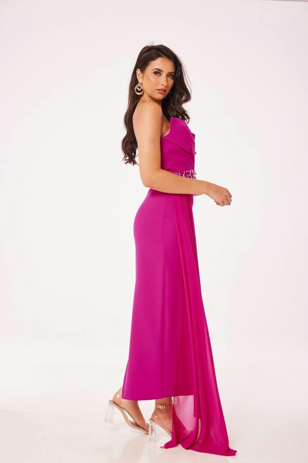 LuvForever Fuschia Strapless Jewelled Drape Midi Dress
