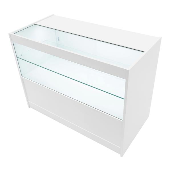 White Phoenix LED shop counter set featuring a sleek design, glass display shelves, and modern aesthetic for retail environments