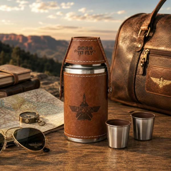 Widdop & Co Top Gun Stainless Steel 6oz Travel Flask Faux Leather Wrap Brown