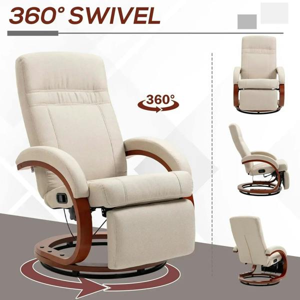 Beige 360-degree swivel reclining chair with footrest, padded arms and seat