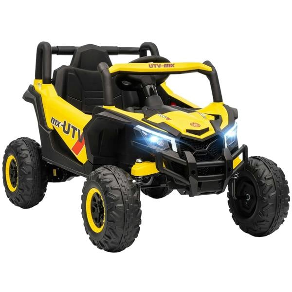 Yellow kids UTV ride-on electric car with black wheels and front LED headlights
