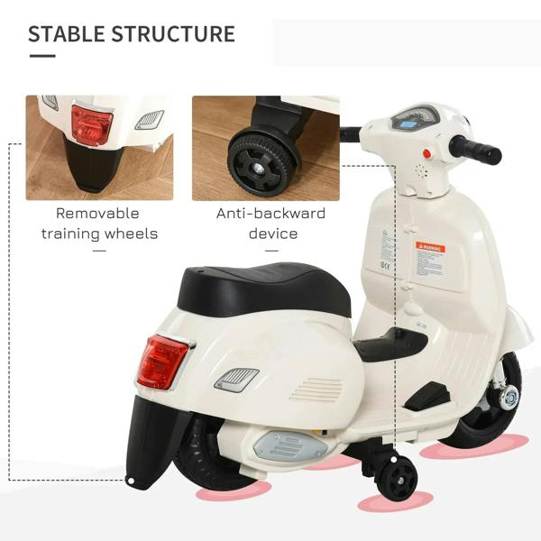 White kids ride-on scooter rear and seat view with footplate and wheels detail