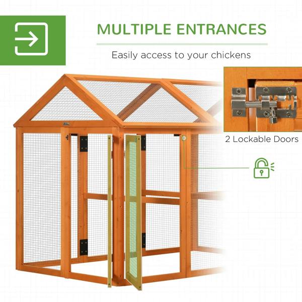 Orange wooden chicken run with two lockable door panels and wire mesh walls