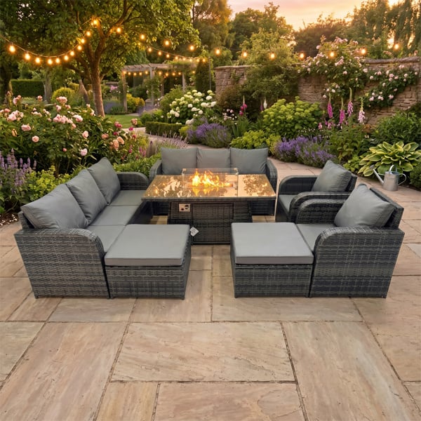 Fimous Garden Outdoor Rattan Furniture Set Rattan Reclining Chair 3 Seater Sofa with 2 Big Stools 2 Side Tables Dark Grey Mixed