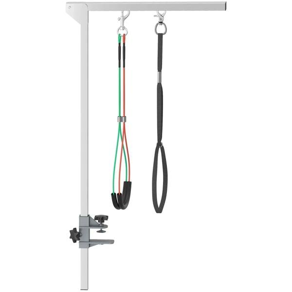 Adjustable silver pet grooming arm with clamp and two attachment loops hanging
