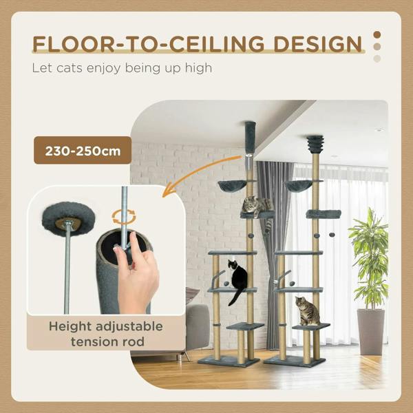 Grey floor-to-ceiling cat tree tower with height-adjustable tension rod for tall spaces