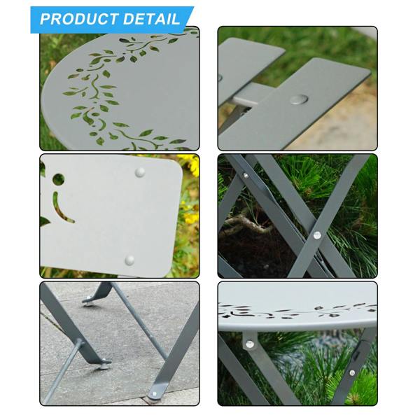 Gr8 Garden 3 Piece Grey Metal Garden Bistro Set with Leaf Design