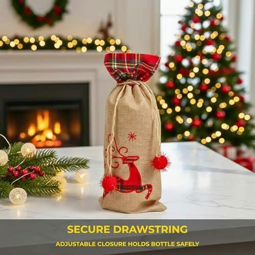 Size 15 x 35 cm Christmas Wine Bottle Cover Bag with Drawstring Reindeer Print for Festive Gift Display image 8