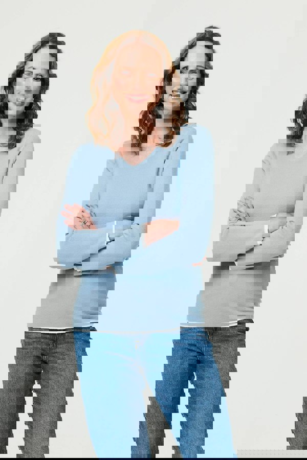 Blue | Contrast Trim V-Neck Knit Top
