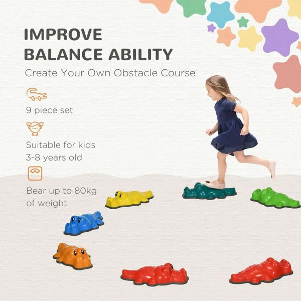 Colorful crocodile stepping stones with a child using them for balance training