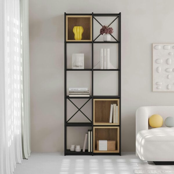 Decortie Modern Vale Midi Bookcase Display Unit 5-Tier Metal Frame 3 Adjustable Shelf 18mm Engineered Wood (Black Wood