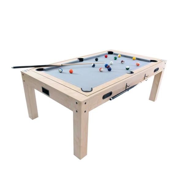 7-in-1 games table in oak finish with gray felt surface, featuring pool balls and cues, perfect for versatile family entertainment