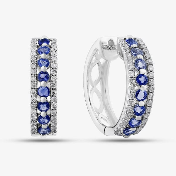 T. H. Baker 9ct White Gold Sapphire and Diamond Three Row Hoop Earrings PE04865 SA