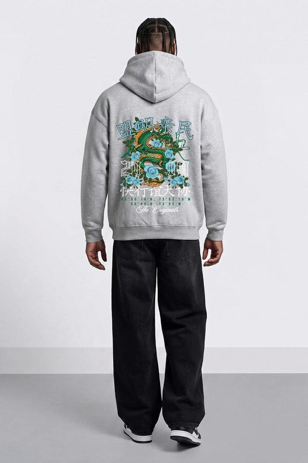 London Attitude Relaxed Fit Dragon Graphic Hoodie - Heather grey