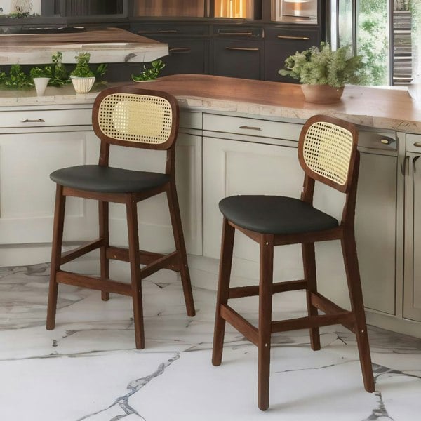 Rafaelo Mobilia Set Of 2 Faux Leather Bar Stools With Rattan Back and Wooden Legs Brown