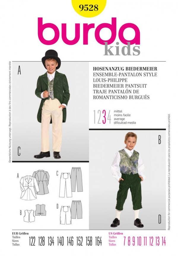 Burda Sewing Pattern 9528 Costumes and Vintage Style For Kids and Teenagers, Ages: 7-14 - Intermediate