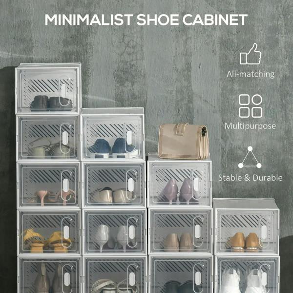 Clear plastic shoe storage cabinet with multiple stackable boxes and magnetic doors