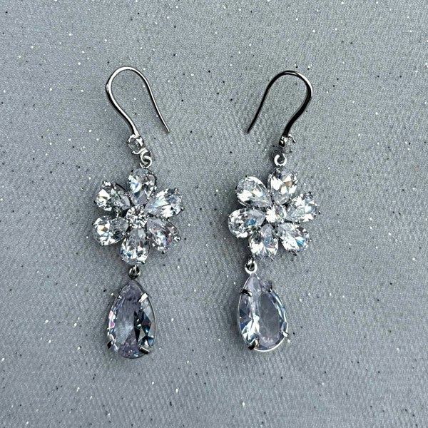 Crystal Drop Earrings Flower, Silver Drop Earrings, Crystal Earrings, Silver Flower Earrings, Flower Earrings, Silver Earrings