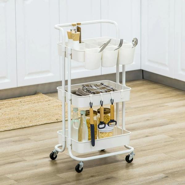 White three-tier rolling trolley with hanging cup holders and two lower shelves