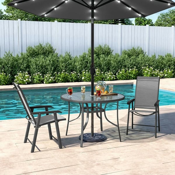 Living and Home 2 Person Patio Garden Dining Set With LED Umbrella & Folding Chairs