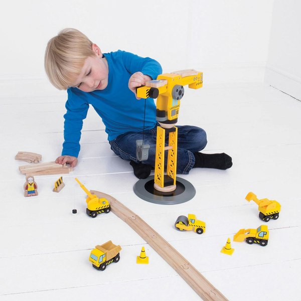 Bigjigs Rail 13 Piece Wooden Yellow Crane Construction Set