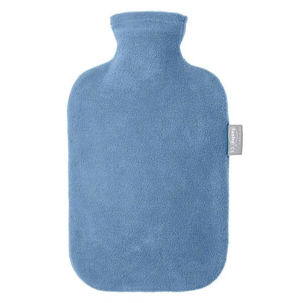 Blue Fashy 2L hot water bottle with microfiber texture and fleece cover