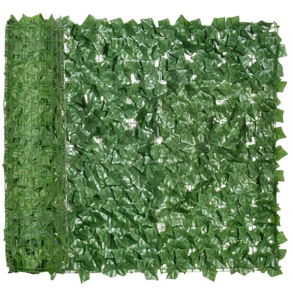 Dark green artificial leaf hedge privacy panel on mesh frame, full panel view