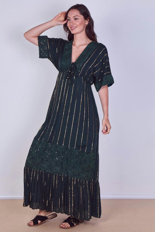 Boho Sequin Swirl Embroidered Maxi Dress