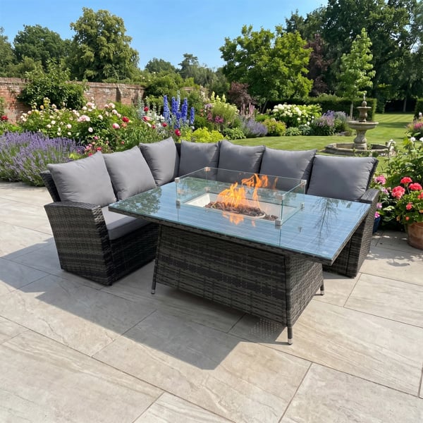 Fimous Rattan Outdoor Corner Sofa with Gas Fire Pit 6 Seater Garden Furniture Set - High Back Sofa with Gas Heater