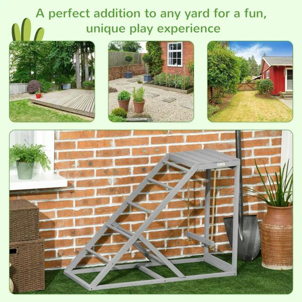 Grey wooden chicken coop toy with long ladder ramp and hanging swing, outdoor use.
