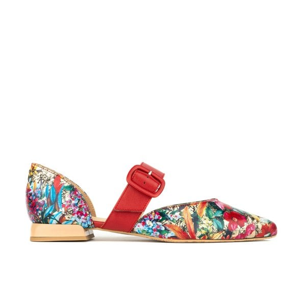 Embassy London Lush - Red & Floral - Women's leather pointed ballet pump with buckle strap