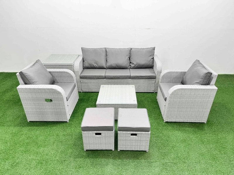 Fimous PE Rattan Garden Furniture Set Reclining Chair Sofa Lounge Sofa Set Square Coffee Table Side Table 2 Small Stools Light Grey