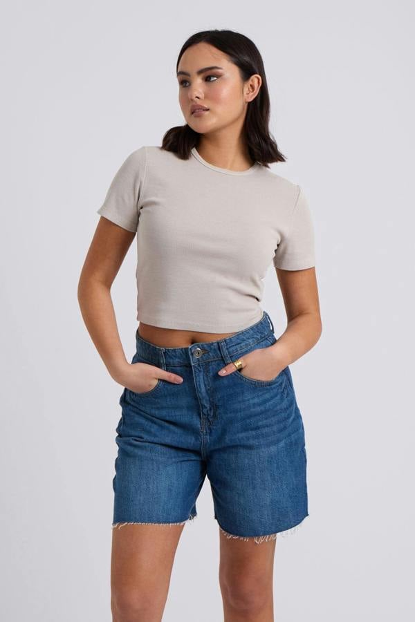 Urban Bliss Frayed Neutral Washed Ribbed Tee