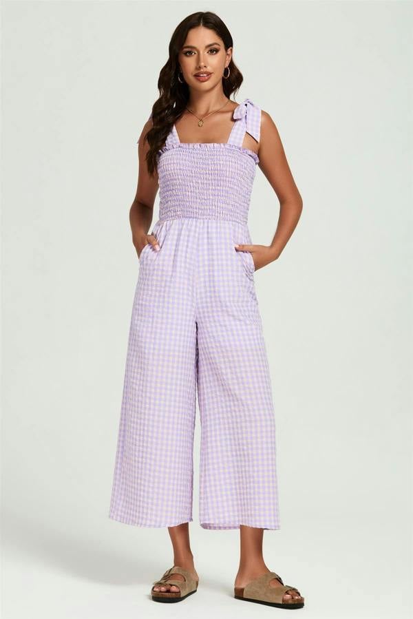 FS Collection Check Print Tie Detail Jumpsuit In Purple & Pink