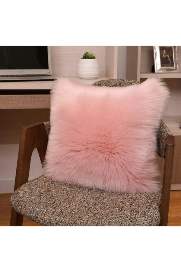Living and Home Fluffy Faux Wool Pink Cushion Cover