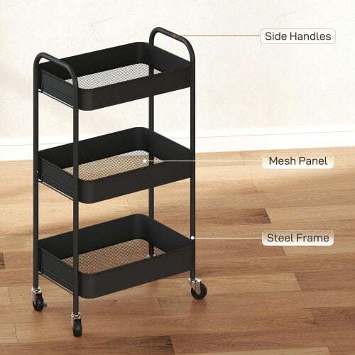 Wyld Haus Varafi Metal Black 3 Tier Steel Storage Trolley With Wheels