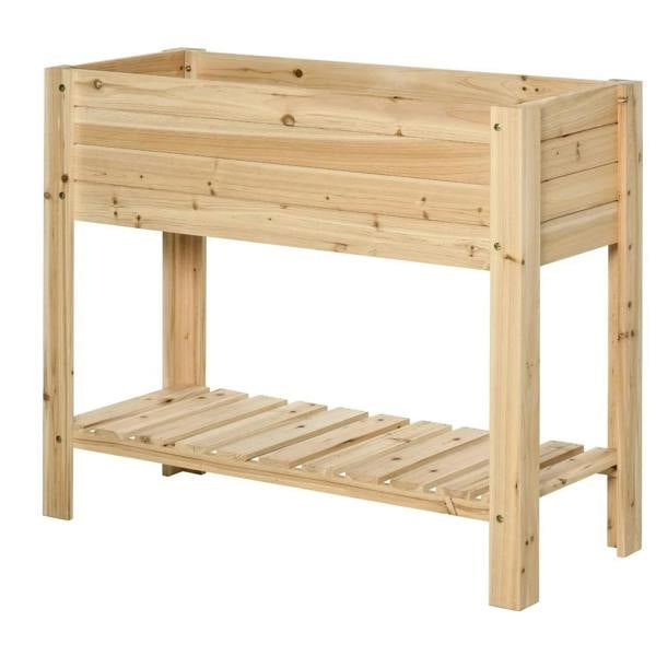 Natural wooden raised plant stand with open slatted shelf, rectangular planter box