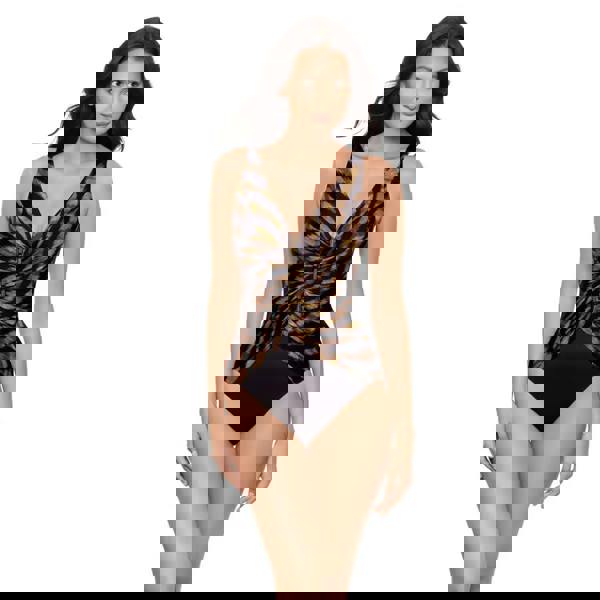 Black and gold Miraclesuit Raya Safari Charmer swimsuit with ruched front