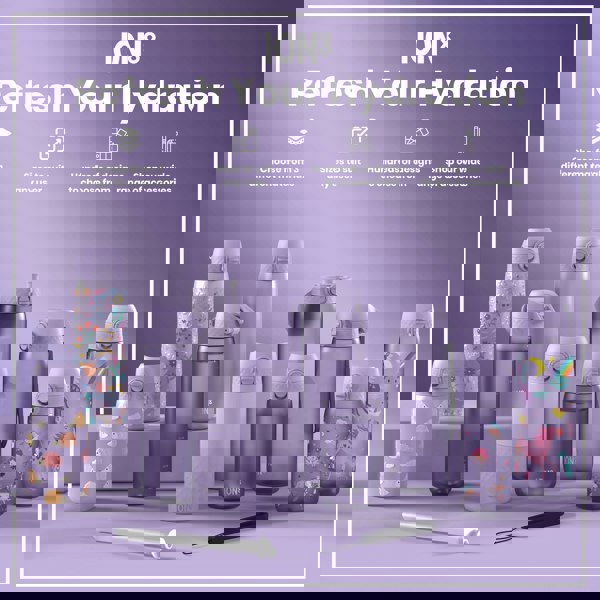 Several purple ION8 water bottles, of varying sizes and designs, are displayed on a lavender surface. They showcase different materials and patterns. Accessories are also shown.