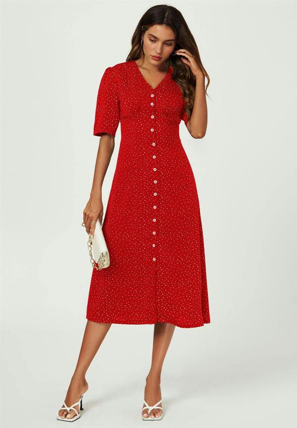 FS Collection Dot Print Button Front Midi Dress In Red