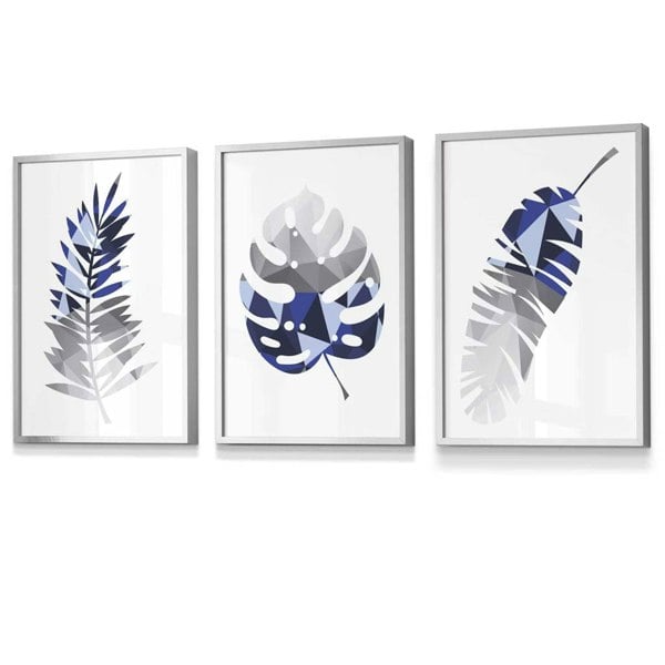 Artze Wall Art GEOMETRIC Set of 3 Blue & Grey Tropical Leaves Framed Prints