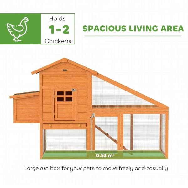 Wooden chicken coop with covered nesting area, mesh run, ramp, perches