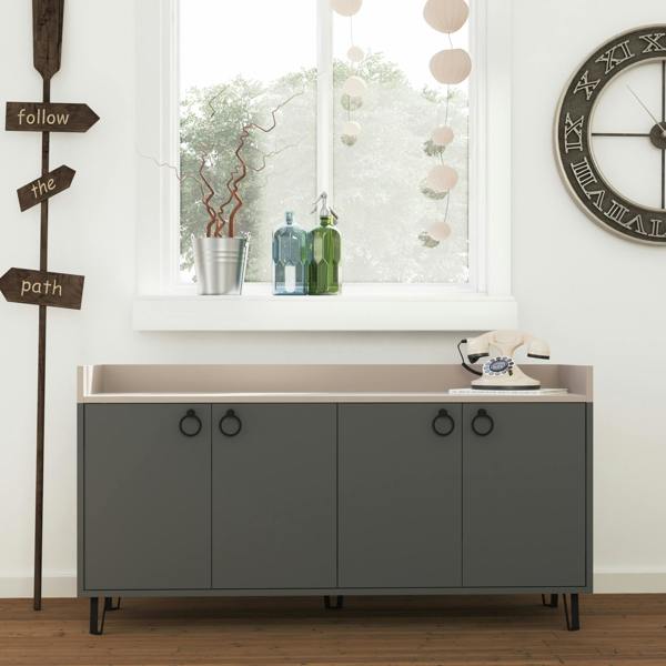 Decortie Dea Sideboard Display Unit with 4 Cabinets Table Anthracite Grey Mocha Grey 140cm