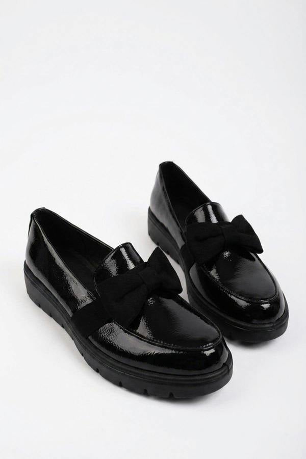 Saoirse Patent Bow Detail Chunky Loafers - Black