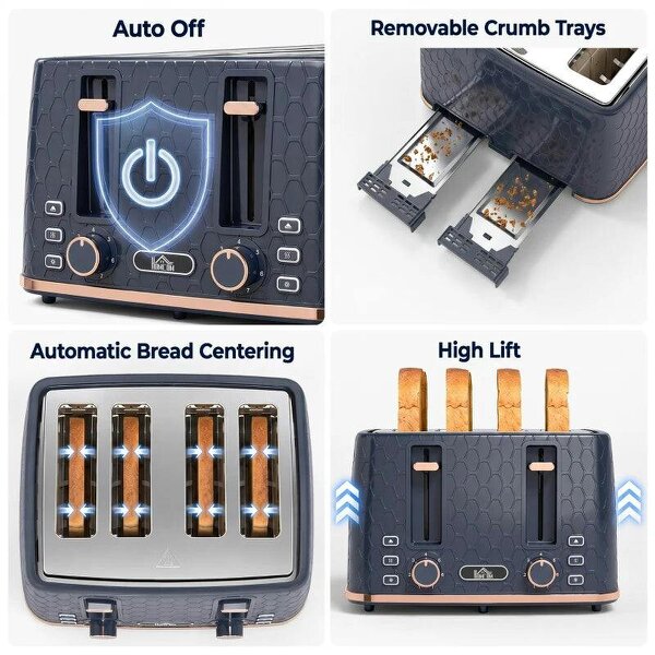 Toaster 4 slice, Toaster with 7 Browning Levels, High Lift, Reheat/Defrost/Cancel, Self-centring Function, Dark Blue