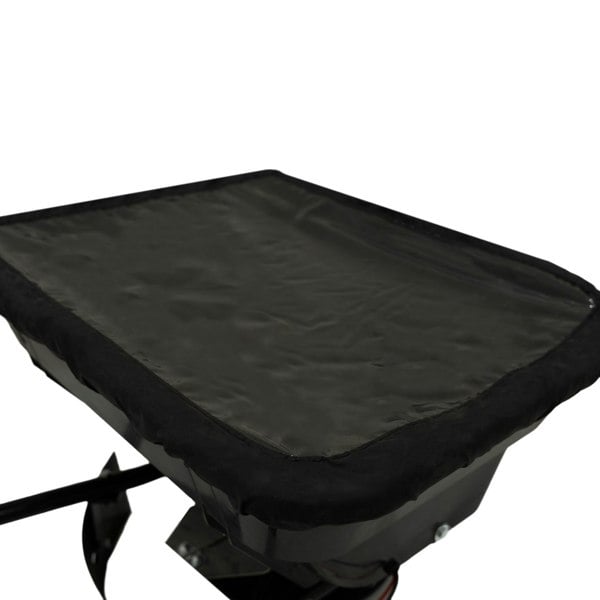 Black ATV mounted spreader with a smooth, flat top and sturdy construction, designed for efficient spreading of materials