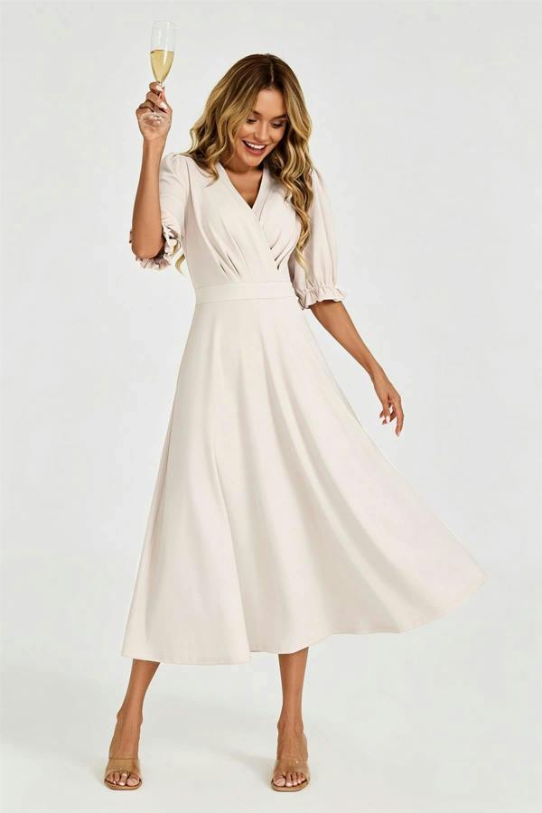 FS Collection Half Sleeves Jersey Midi Dress with Wrap Neckline In Light Oat